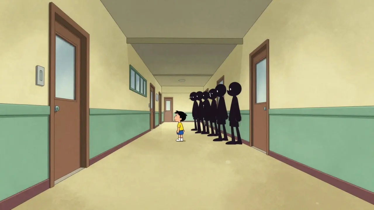 Malé dítě v prohibitivně velké školní chodbě, znázornující strach.