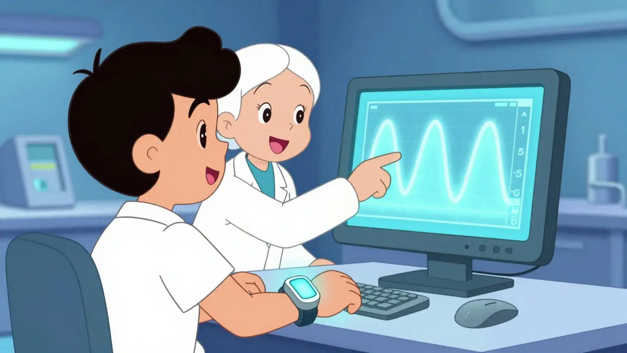 Osoba využívající biofeedback senzor v moderním terapeutickém prostředí.