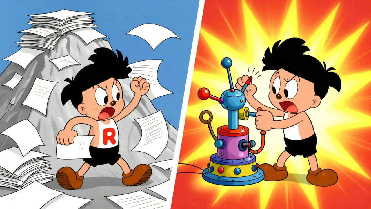 Postava s ADHD v kontrastu mezi chaosem a kreativním hyperfokusem.