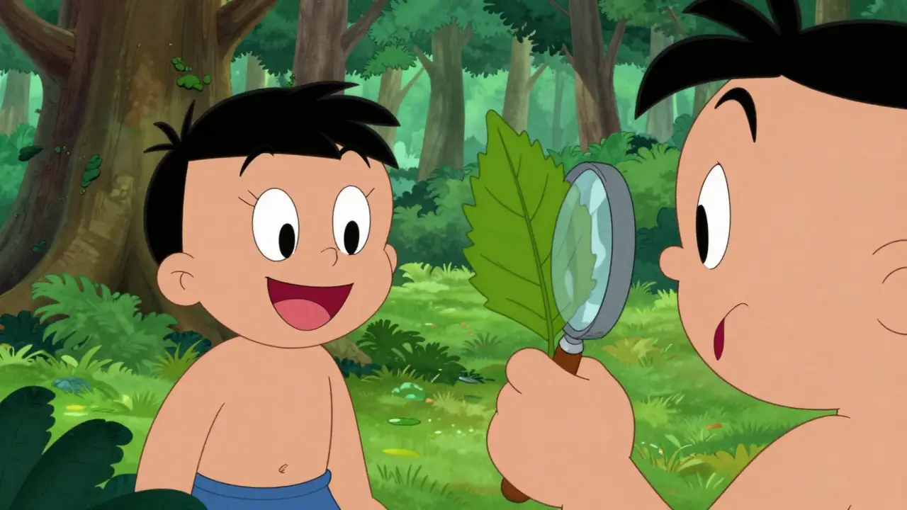 Postava s lupou zkoumá jeden list, zatímco vedle stojí postava dívající se na celý les.