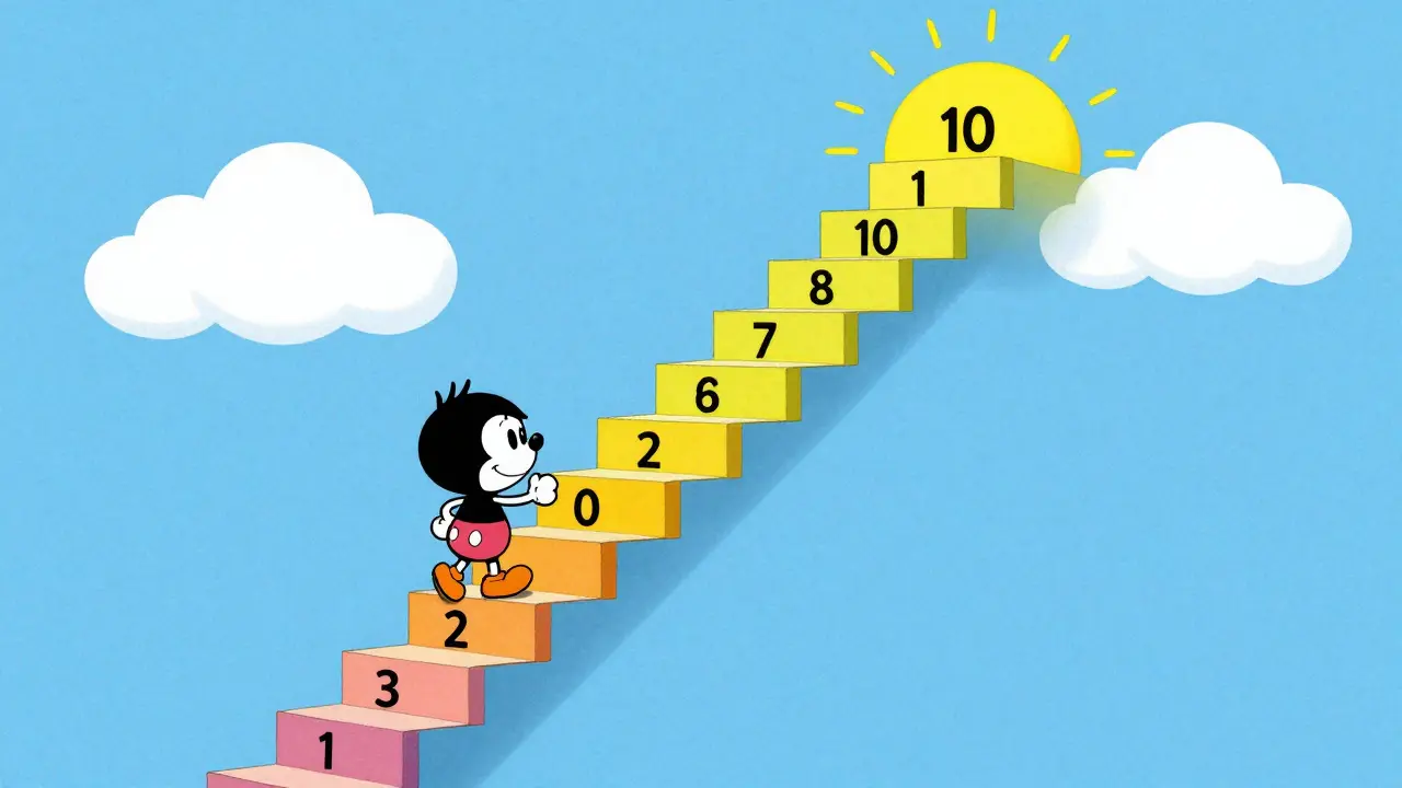 Postava v cartoon stylu stoupající po barevném schodišti s čísly od 0 do 10.