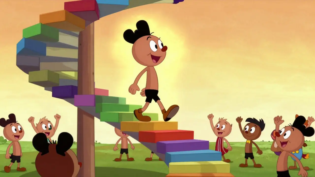 Postava v cartoon stylu vystupující po spirálovitých schodech k sebepřijetí a svobodě.