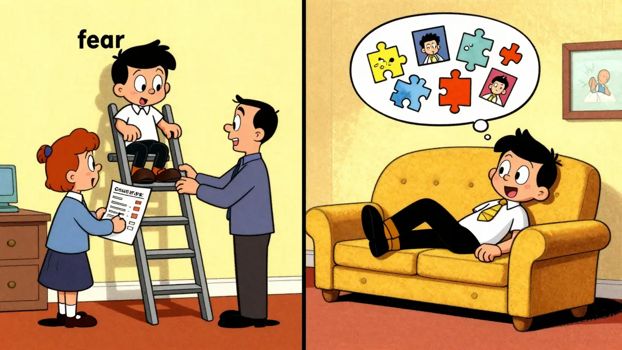 Srovnání KBT a psychodynamické terapie v barevném kresleném stylu.