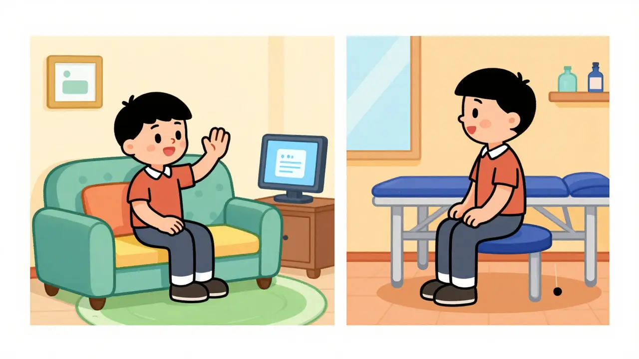 Srovnání online a osobní terapie v rozděleném obrázku ve stylu klasických kreslenek.