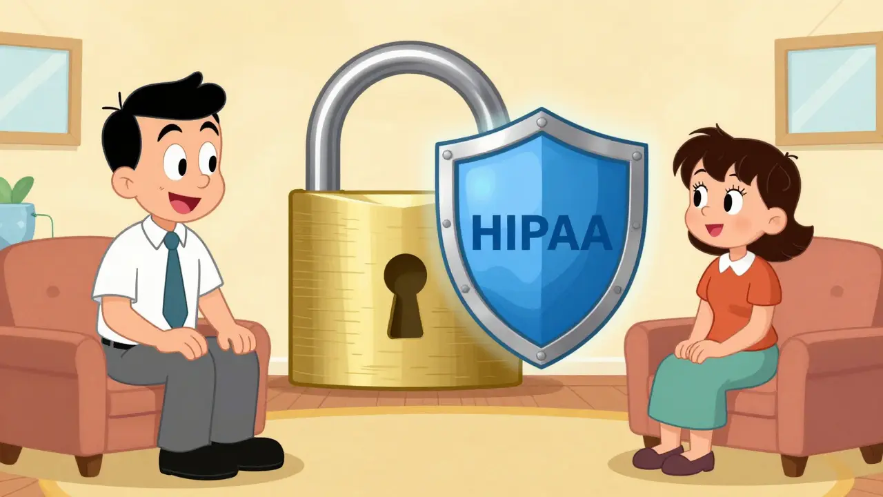 Stylizovaný obraz terapeuta a klienta s velkým zámkem symbolizujícím šifrování dat.