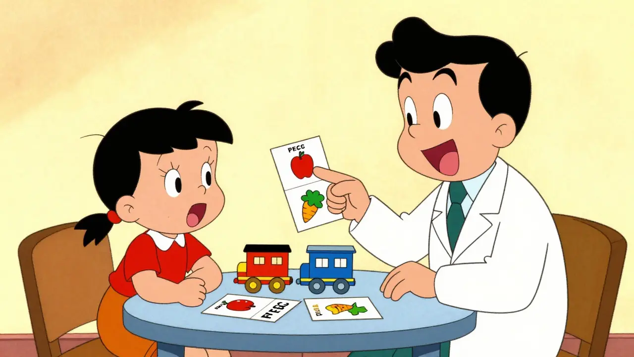 Terapeut a dítě pracují s obrázky a hračkou vlčkem ve stylu kreslených filmů.