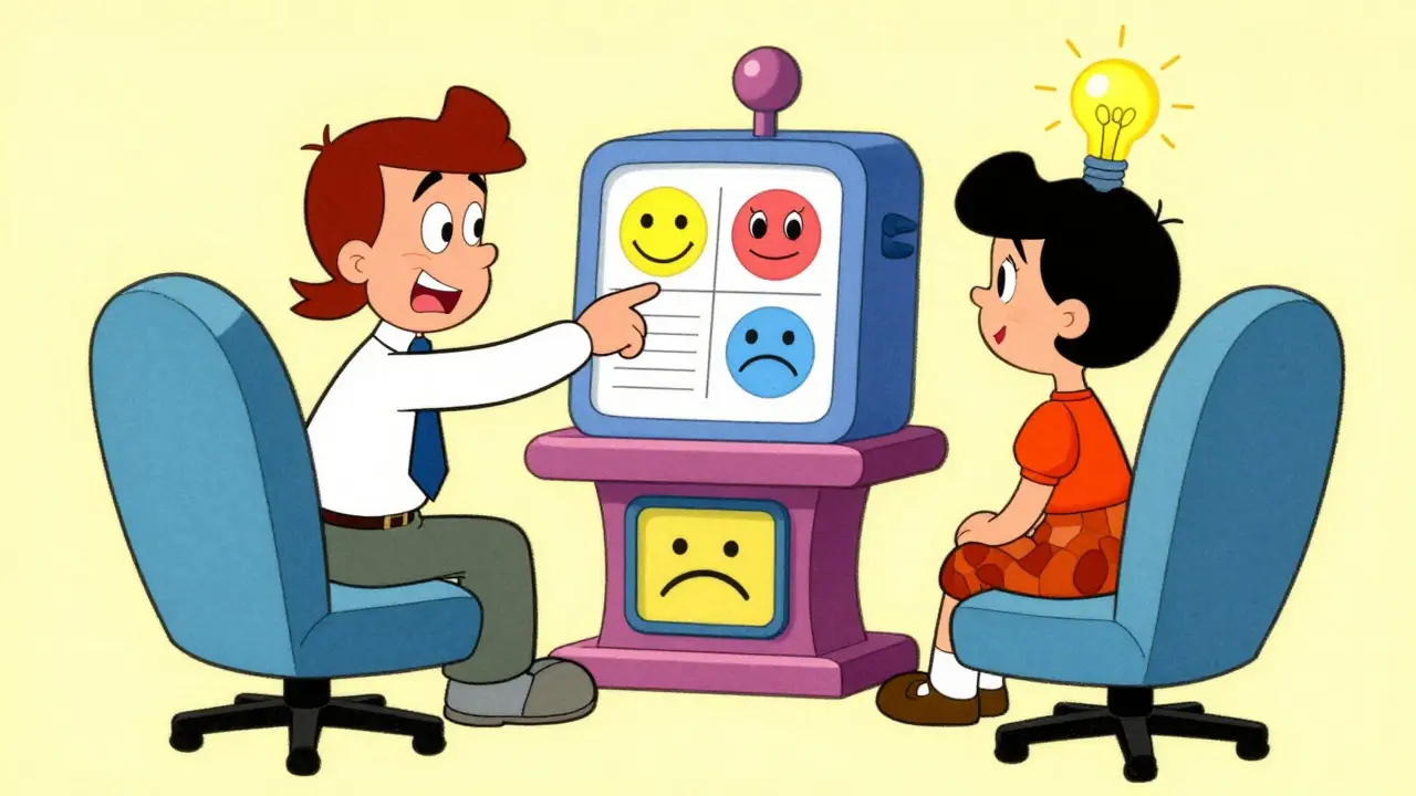 Terapeut a klient u barevného stroje, který pomáhá překládat lidské emoce.