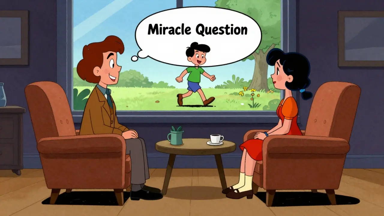 Terapeut a klient v kresleném stylu, nad nimi bublina s představou zázračného vyřešení problému.