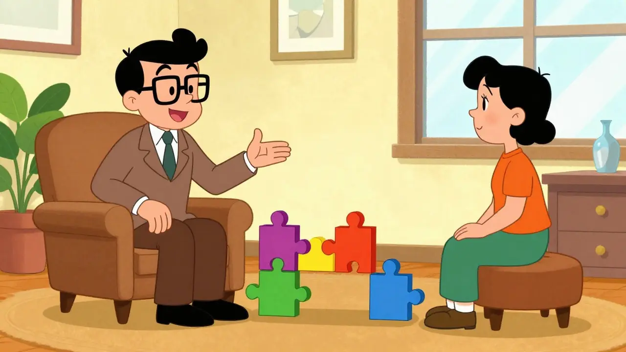 Terapeut a pacient v klasickém animačním stylu budující most z puzzle při terapii.