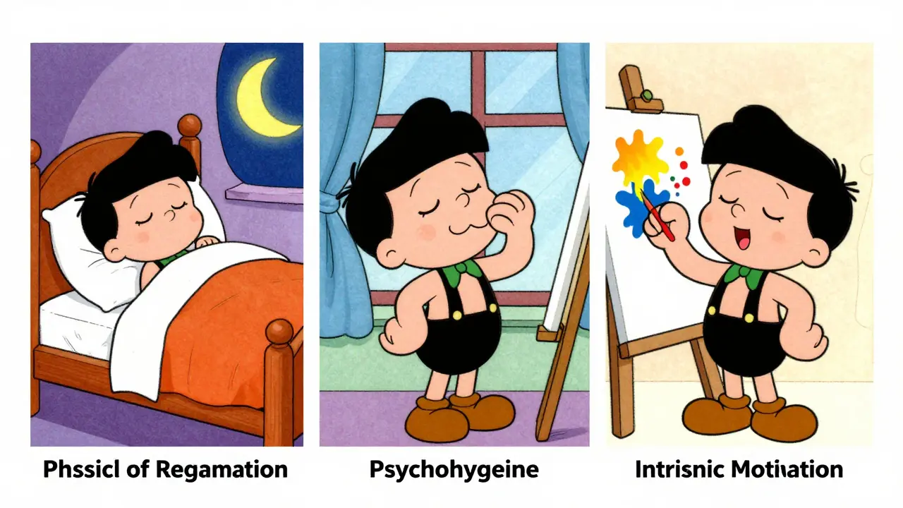 Tři scény znázornující spánek, hluboký nádech a malování jako pilíře péče o sebe.