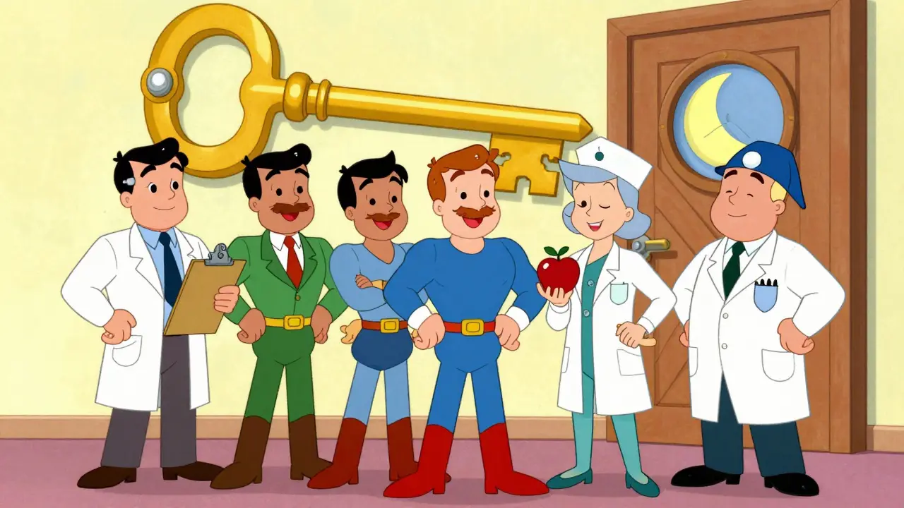 Tým odborníků v stylu Hanna-Barbera s velkým zlatým klíčem k uzdravení.