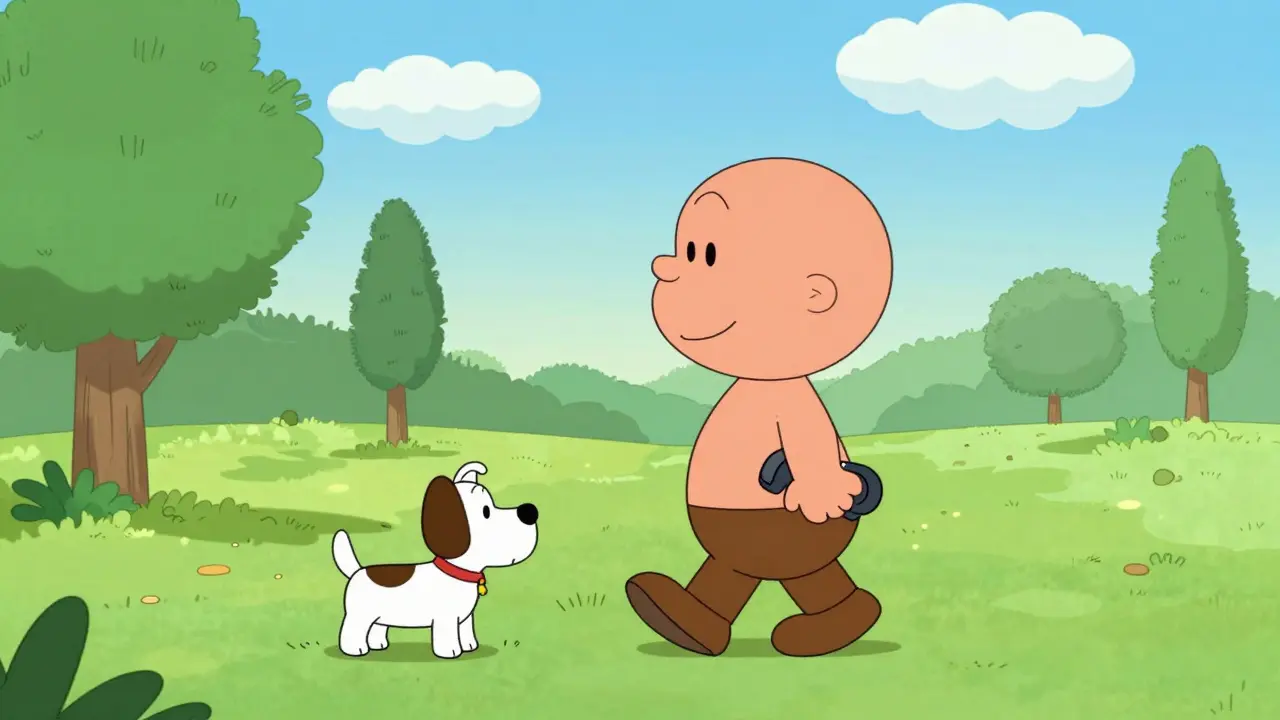  veselá postava na procházce v parku, která ignoruje telefon pro svůj klid.