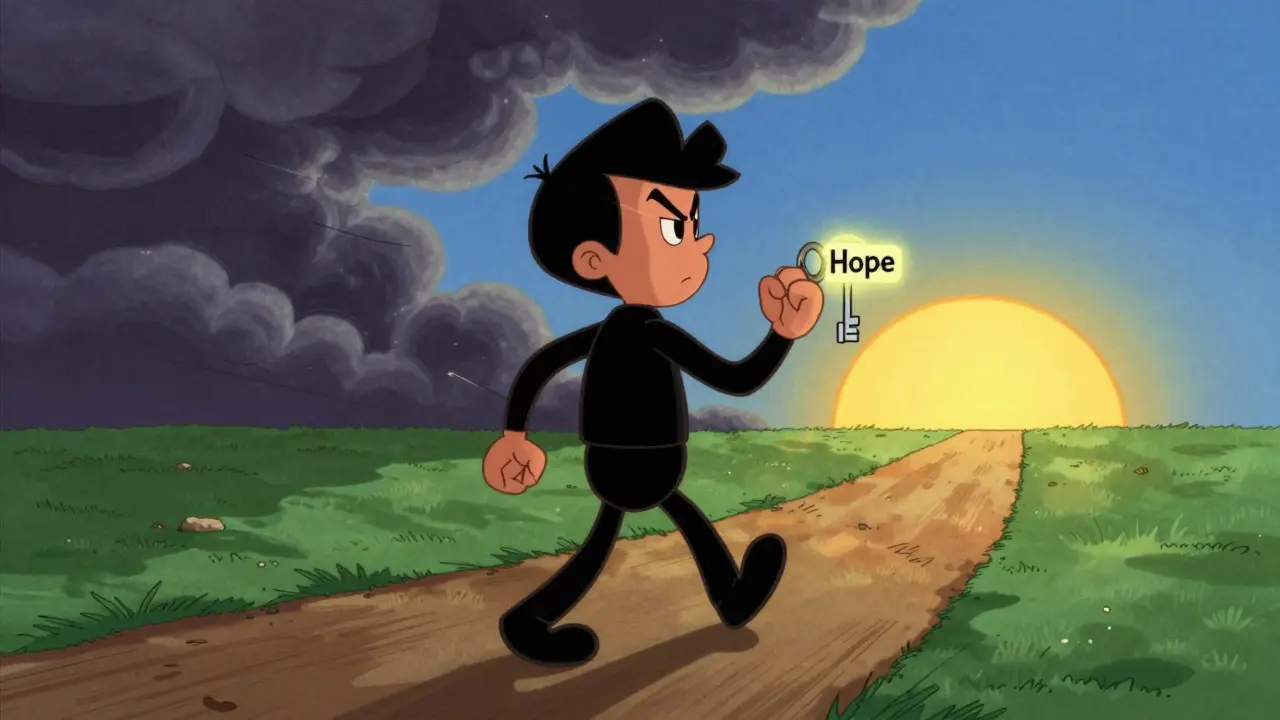 Postava kráčí k východu slunce s klíčem naděje, symbolizující uzdravení, cartoon styl