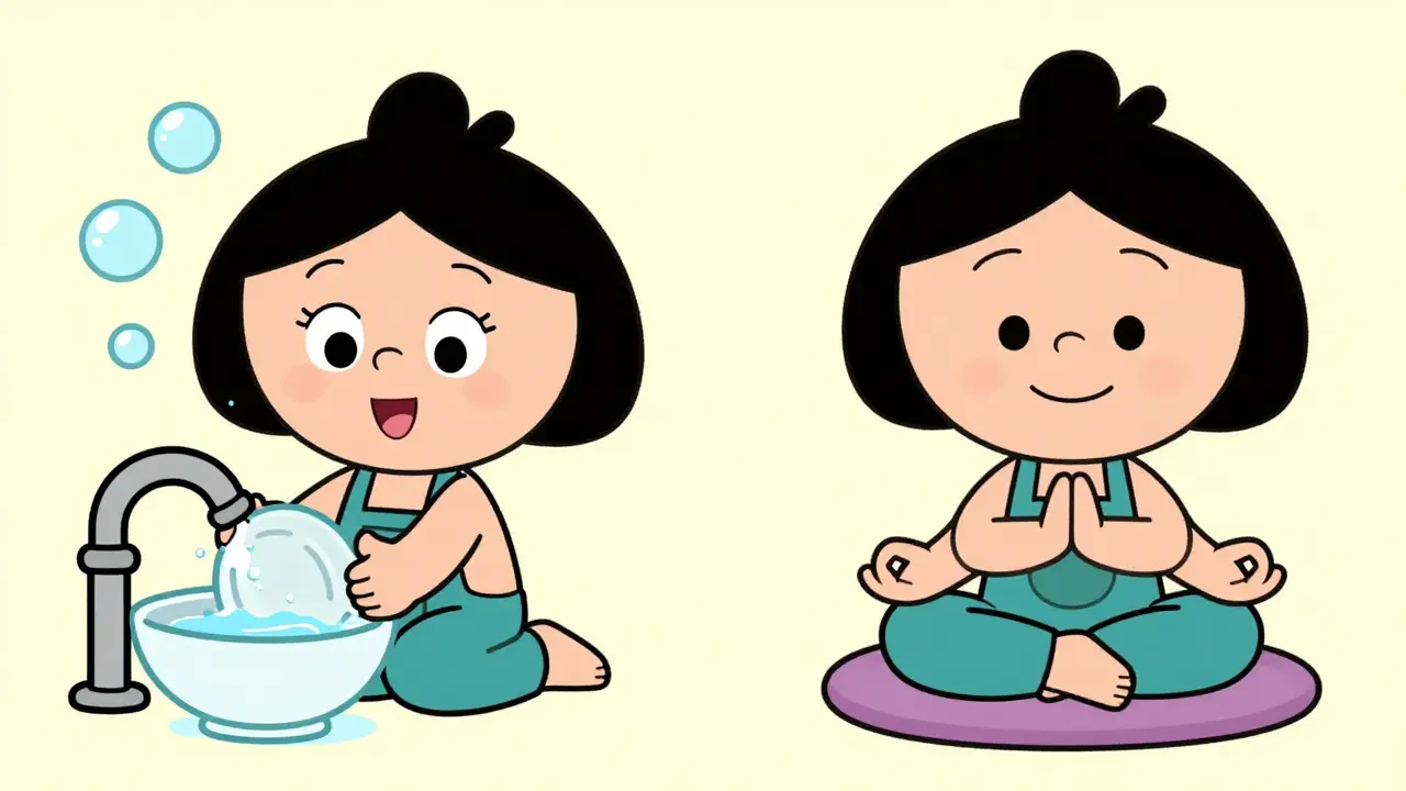 Postavička praktikuje mindfulness při mytí nádobí a meditaci