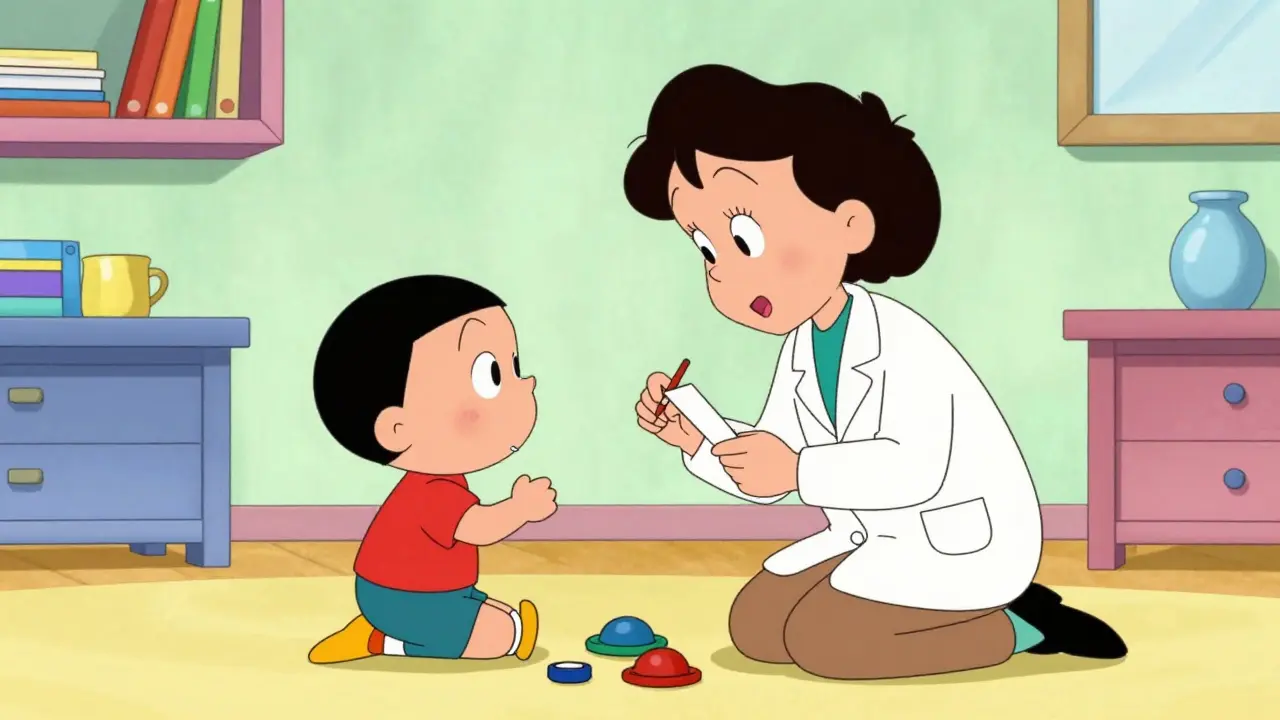 Psycholog hraje s dítětem při diagnostickém vyšetření v barevné ordinaci
