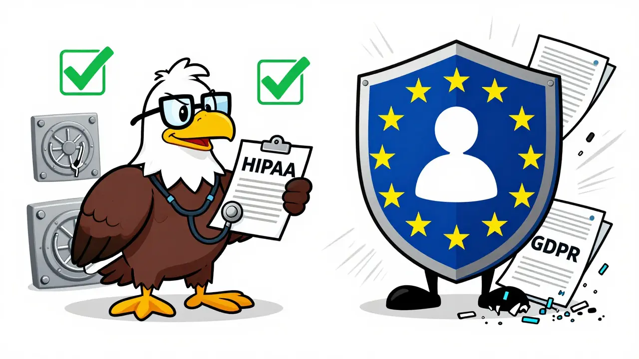 Kreslené srovnání amerického HIPAA a evropského GDPR štítů