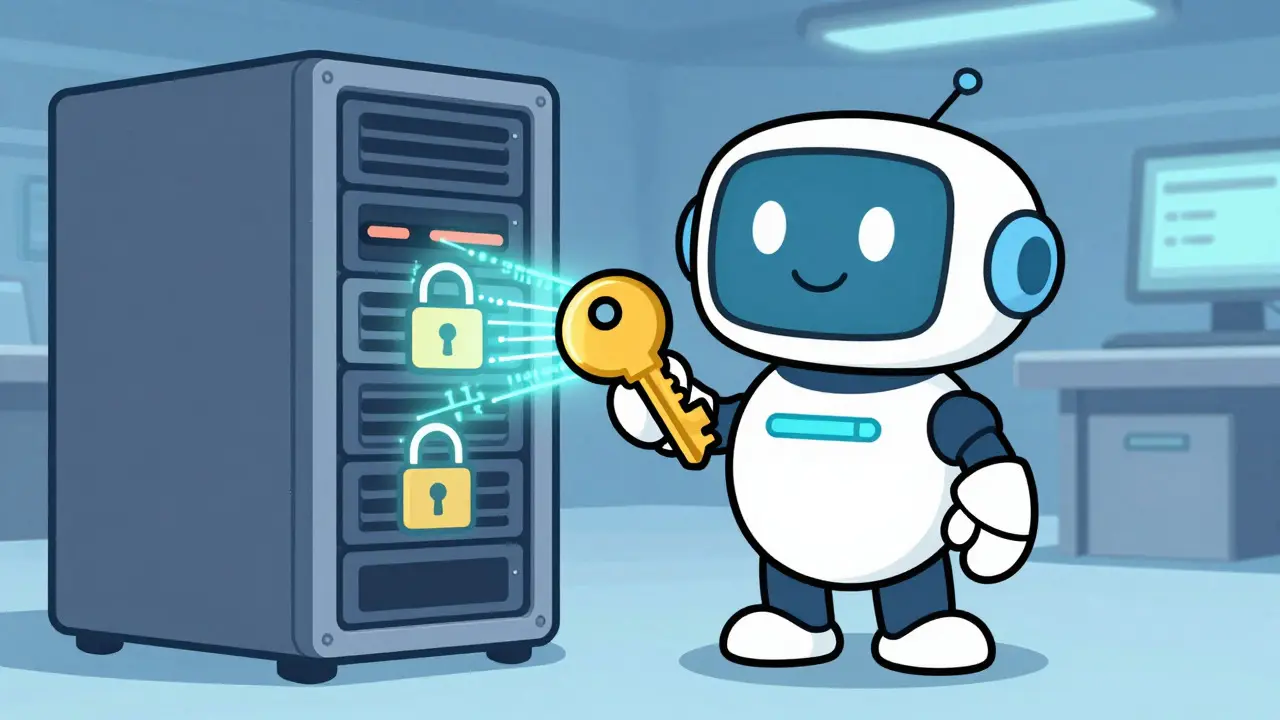 Kreslený robot asistent chránící šifrovaná data na serverech