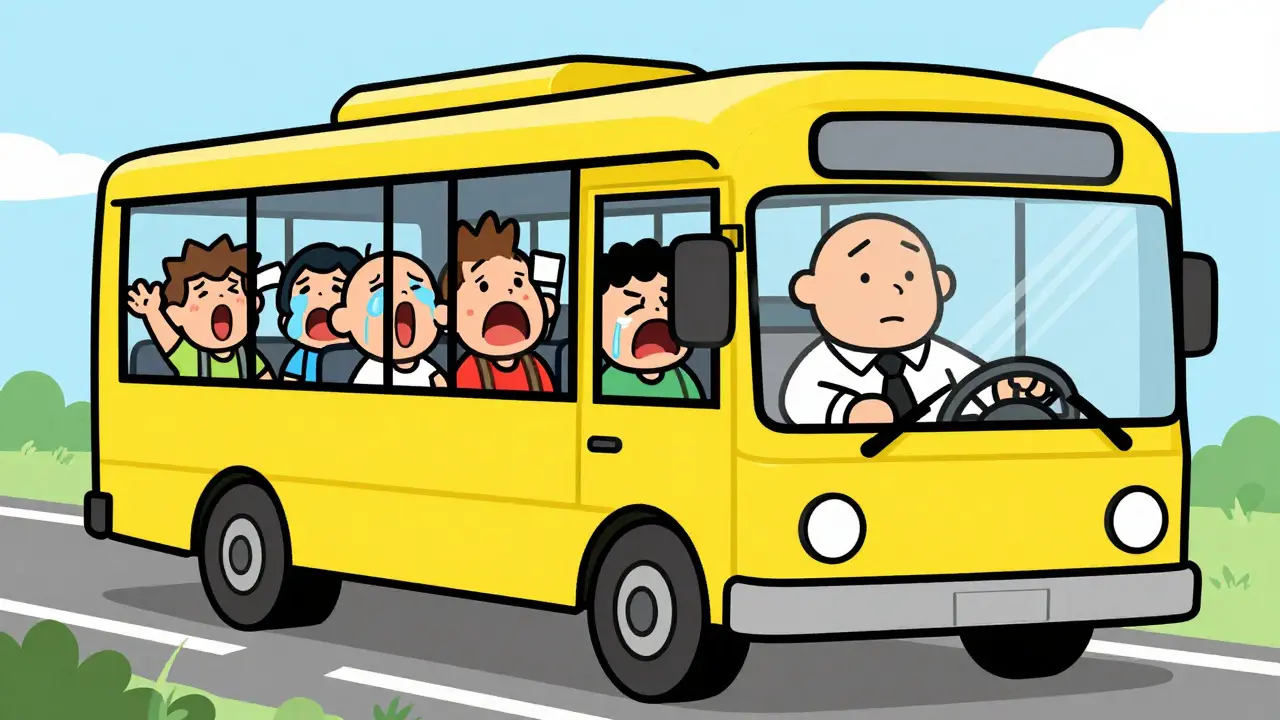 Řidič autobusu ignoruje křičící pasažéry myšlenek na slunečné cestě