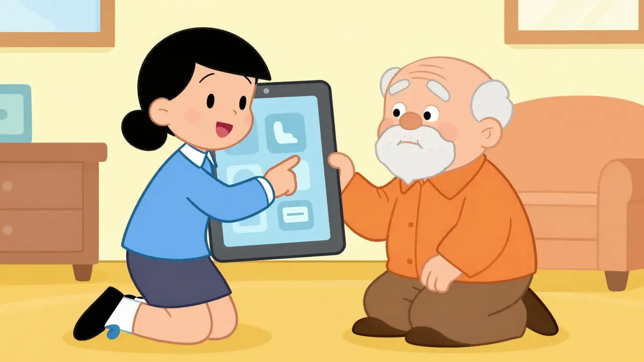 Sociální pracovník pomáhá senioru s nastavením technologie