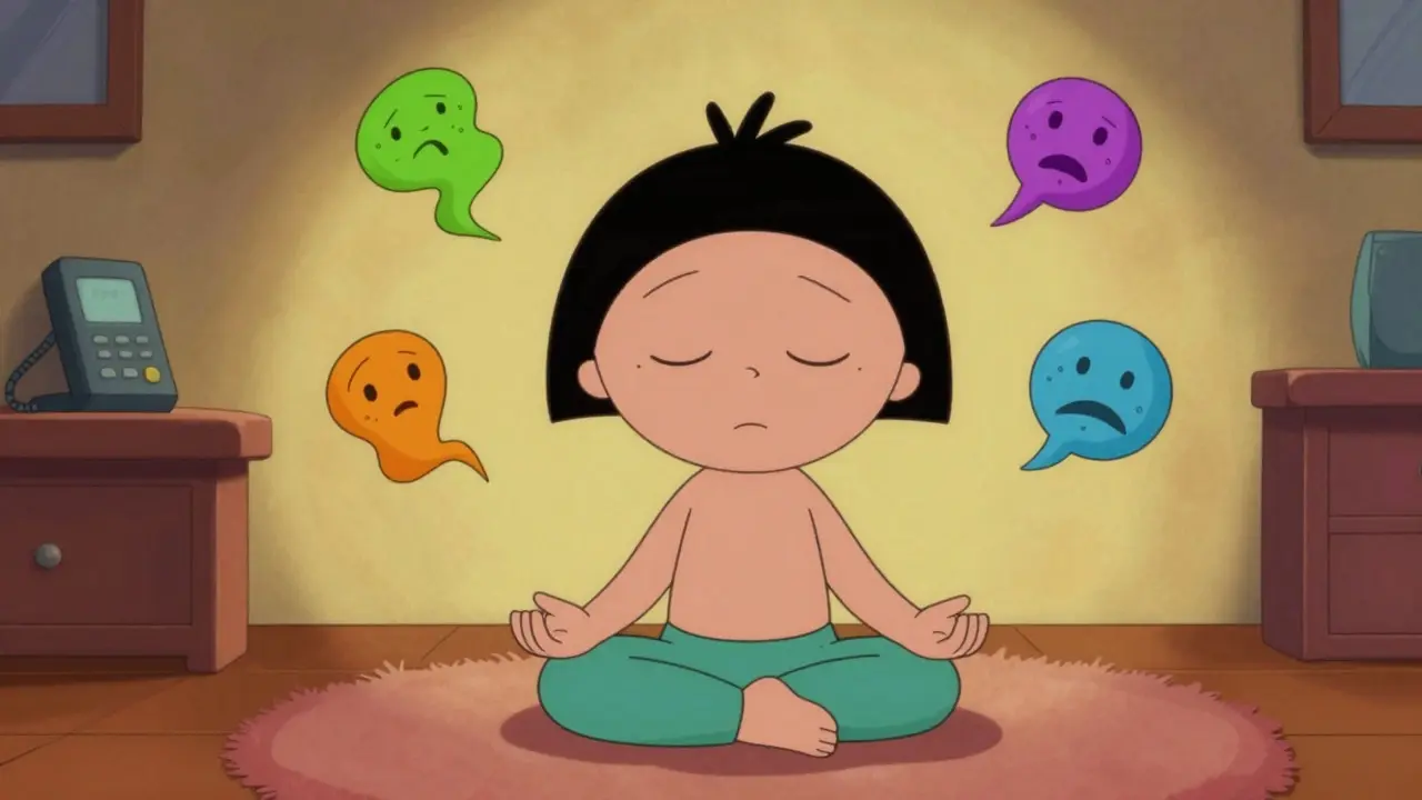 Kreslená postava praktikující mindfulness pro zvládání emocí a bažení