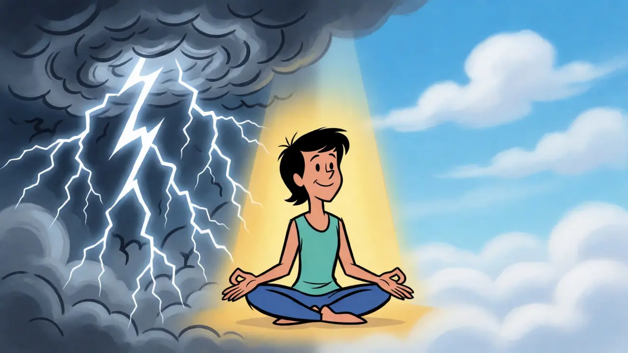 Člověk v meditaci oddělující bouřlivé myšlenky od klidné oblohy.