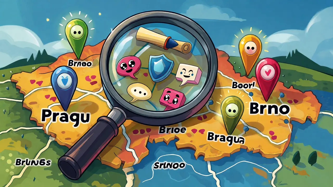Ilustrace hledání kvalifikovaného terapeuta v ČR pomocí zvětšovacího skla.