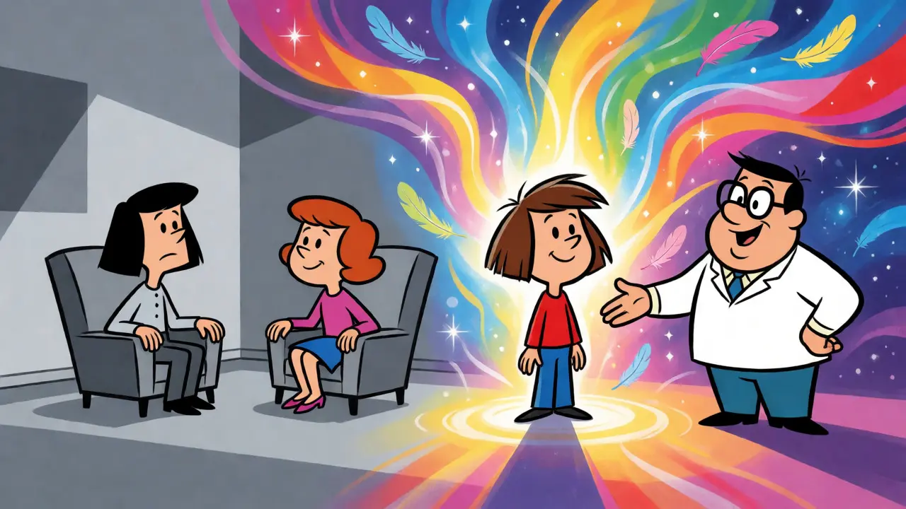 Kartonová ilustrace kontrastující běžnou terapii s barevným transpersonálním prožitkem.