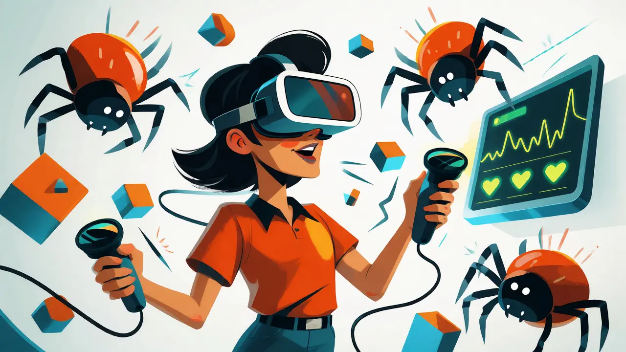 Osoba s brýlemi virtuální reality trénuje fobii na pavouky s vizualizací dat.