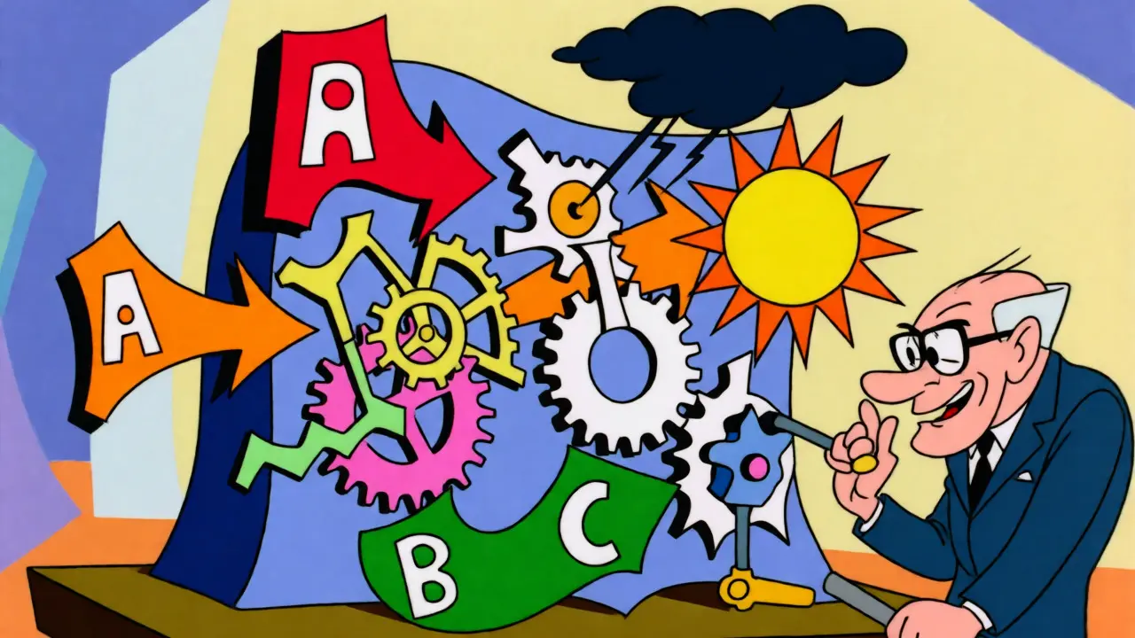 Albert Ellis u stroje ABC modelu mění události na emoce přes přesvědčení.