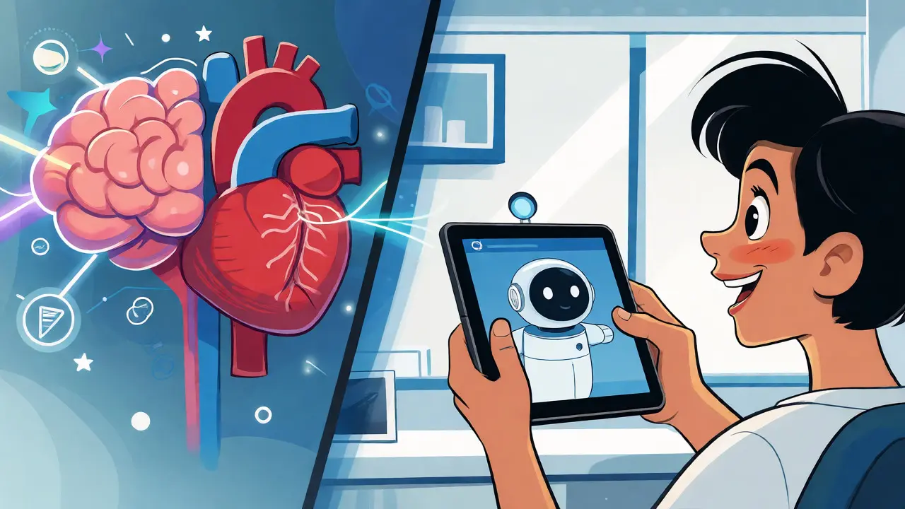 Ilustrace propojení mysli a těla s technologiemi pro taneční terapii