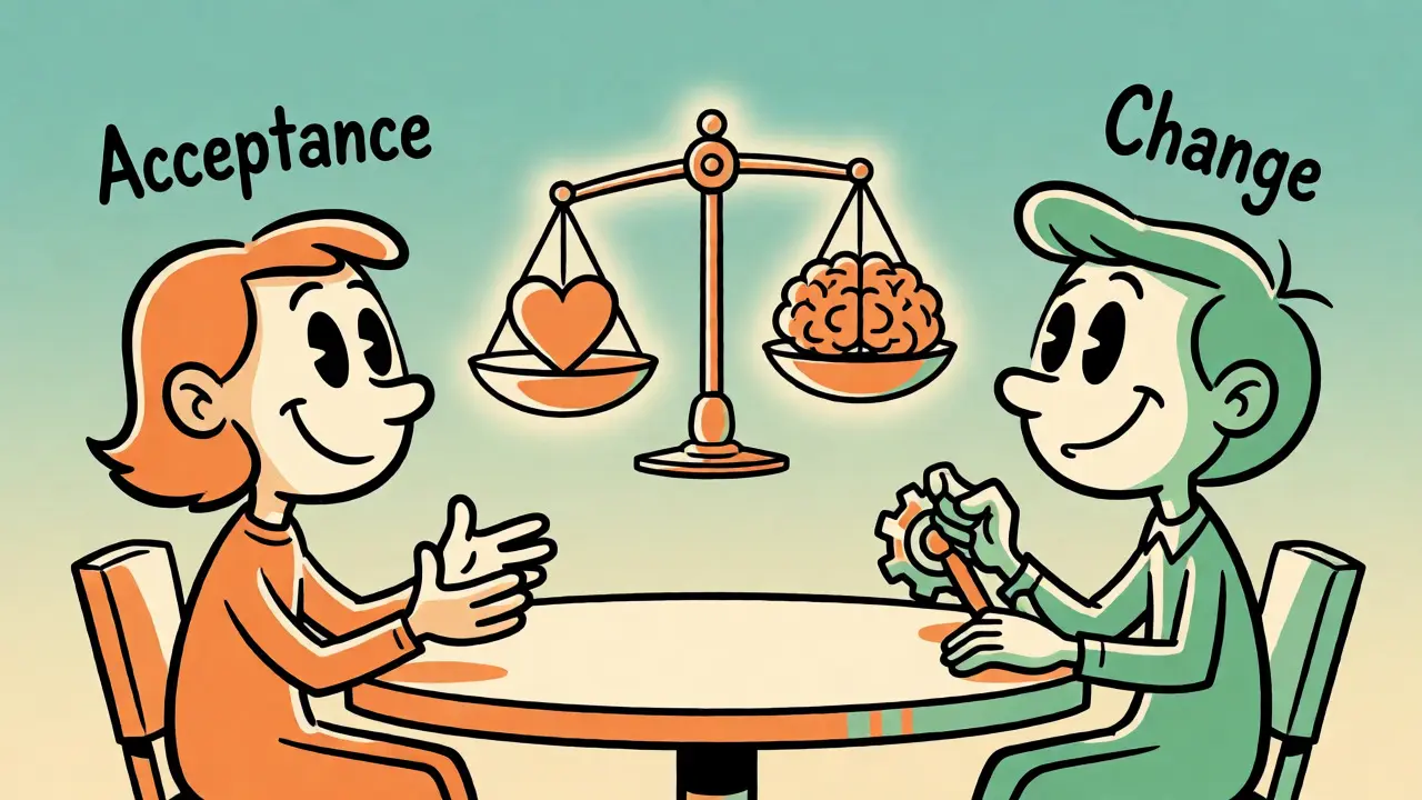 Ilustrace rovnováhy mezi přijetím a změnou v dialektické behaviorální terapii.