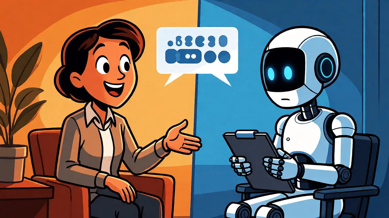 Porovnání lidského terapeuta v teplém prostředí a chladného AI robota s clipboardem.