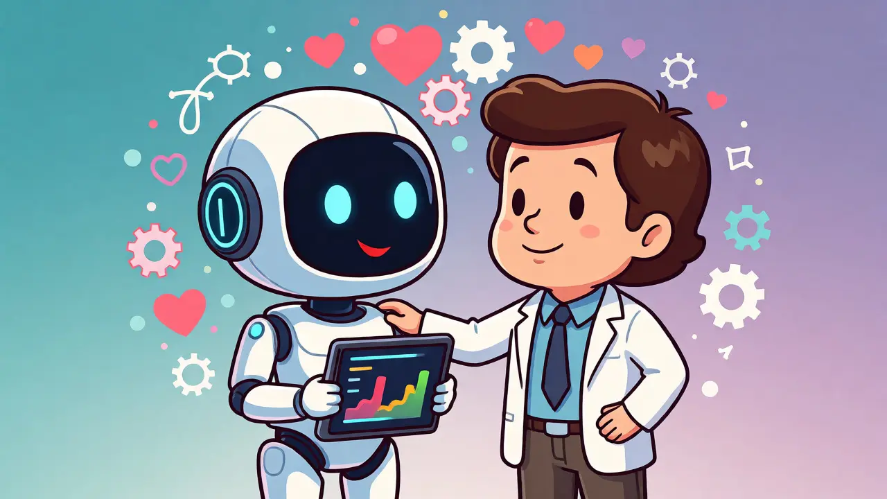 Spolupráce lidského psychologa a AI robota při péči o pacienta s grafy nálad.